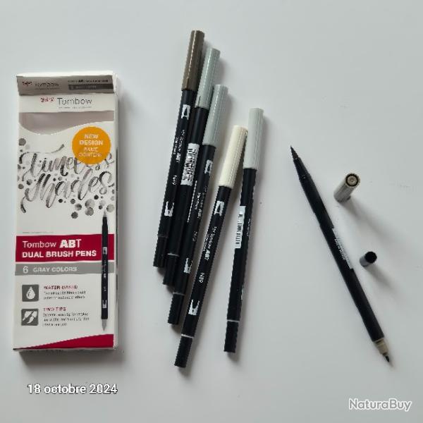 Ton gris , Tombow ABT, Feutre pinceau ABT Dual Brush Pen, double pointes,  base d'eau, Set de 6 cou
