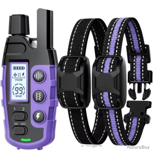 2 Colliers Anti-Aboiement de Dressage Rechargeables avec T�l�commande Port�e 2600M 3 Modes Violet