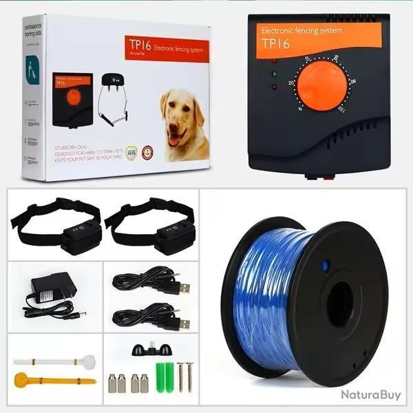 KIT ANTI-FUGUE POUR 2 CHIENS COLLIER �LECTRIQUE ET CL�TURE 5 NIVEAUX DE STIMULATION