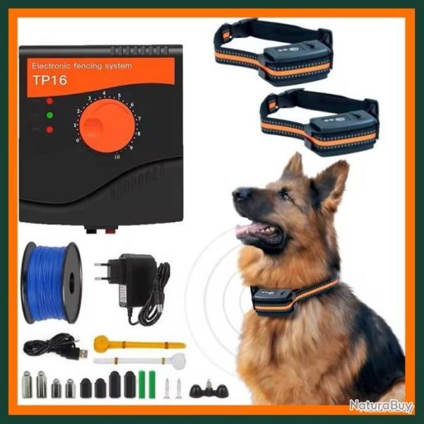 ENSEMBLE ANTI-FUGUE POUR 2 CHIENS COLLIER ET CL�TURE �LECTRIQUE 5 NIVEAUX DE STIMULATION