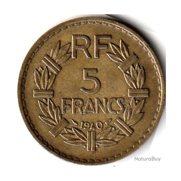 Pi�ce de Monnaie France 5 francs Lavrillier, BRONZE ALU 1940