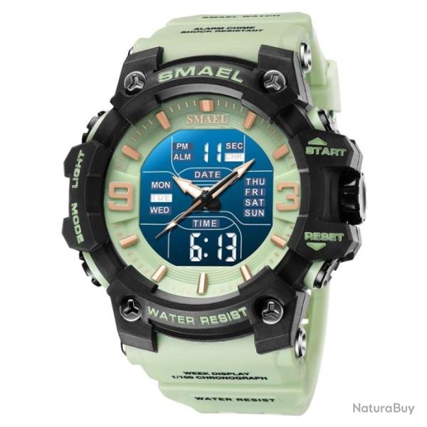Montre Num�rique de Sport pour Homme �tanche 5 Bars Grand Cadran Alarme Chronom�tre Vert Clair