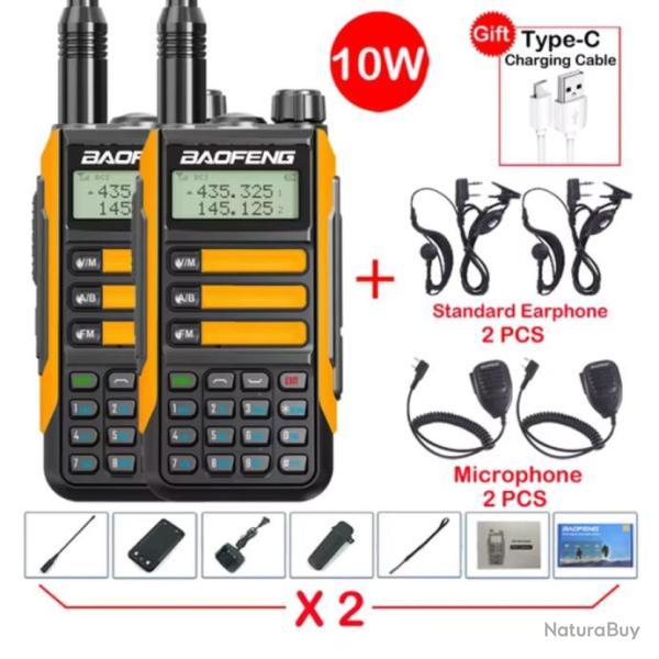 2X BAOFENG VHF UV-16 pro Max, Oreillettes,  Microphone, Talkie-walkie 10 Watts LONGUE PORT�E -Orange
