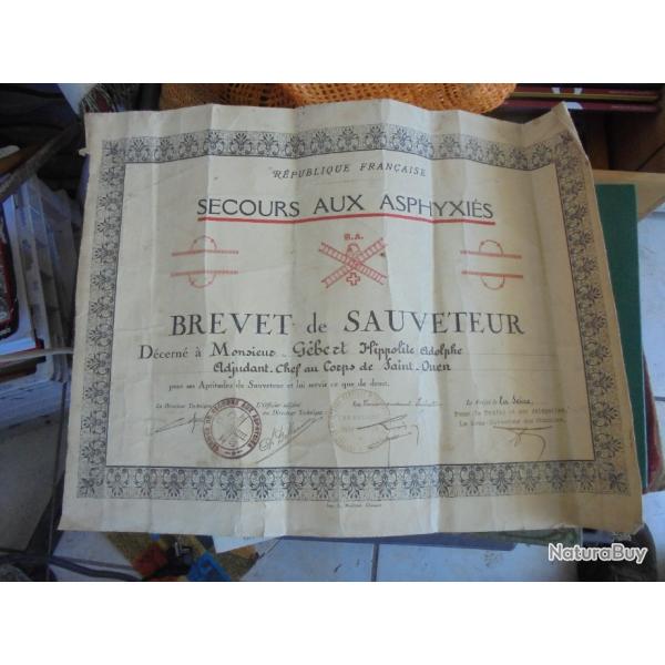 Brevet de Sauveteur Secours aux Asphyxi�s Sapeurs-Pompiers Saint-Ouen HA. G�bert