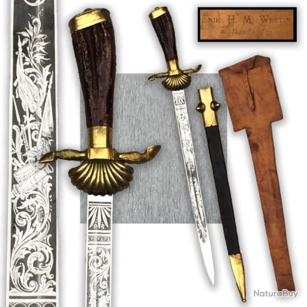 RARISSIME & SUPERBE DAGUE DE CHASSE ALLEMANDE NOMINATIVE + HOUSSE AVEC LAME GRAV�E, ORIGINAL