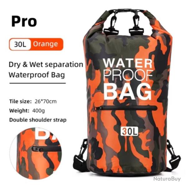 Sac � Dos �tanche 30L - Waterproof avec Poche Fermeture �clair pour Activit�s Plein Air Orange