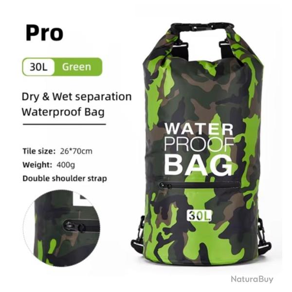 Sac � Dos �tanche 30L - Waterproof avec Poche Fermeture �clair pour Activit�s Plein Air Vert