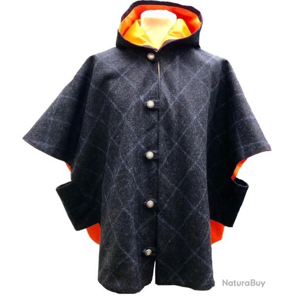 Cape Laveline r�versible - Tweed Gris � Carreaux Bleus & Doublure Orange Haute Visibilit� Made in Fr