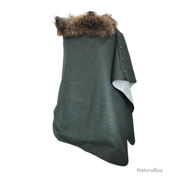 Cape Harriet - Tweed vert for�t 100�% laine vierge - Col fourrure amovible - Fabrication fran�aise U