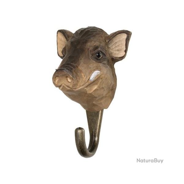 Pat�re Sanglier - bois sculpt� & crochet m�tal bronze