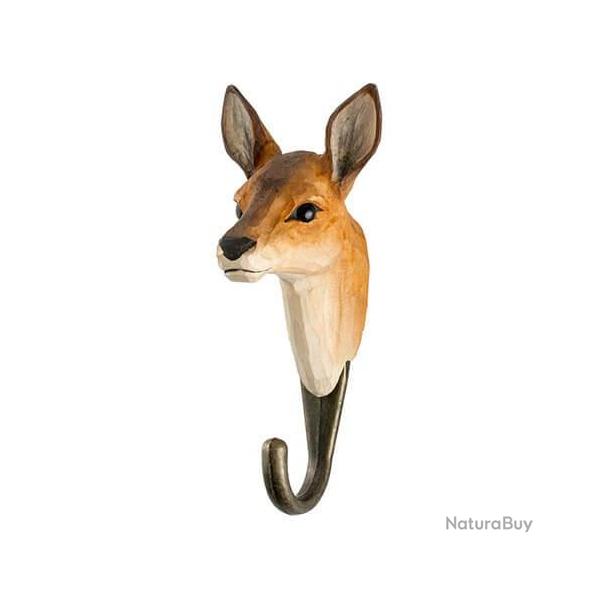 Pat�re Chevreuil - sculpt�e & peinte � la main, bois & crochet m�tal bronze (54 � 66 � 129 mm)