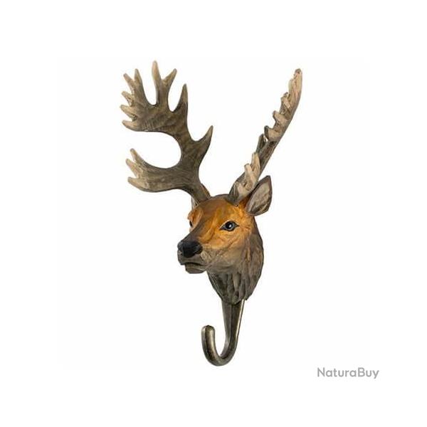 Pat�re Cerf - bois sculpt� peint � la main & crochet m�tal bronze