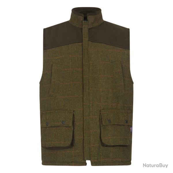 Gilet tweed vert fonc� �paules en moleskine 100 laine fabrication anglaise