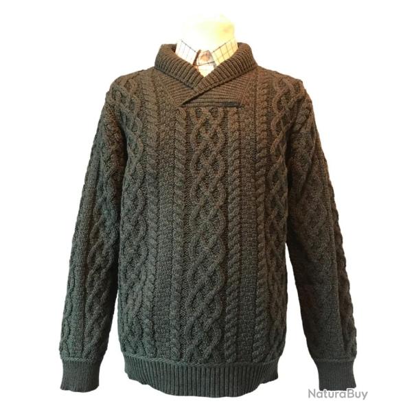 Pull col chle homme Vert fort 100 laine mrinos fabrication irlandaise