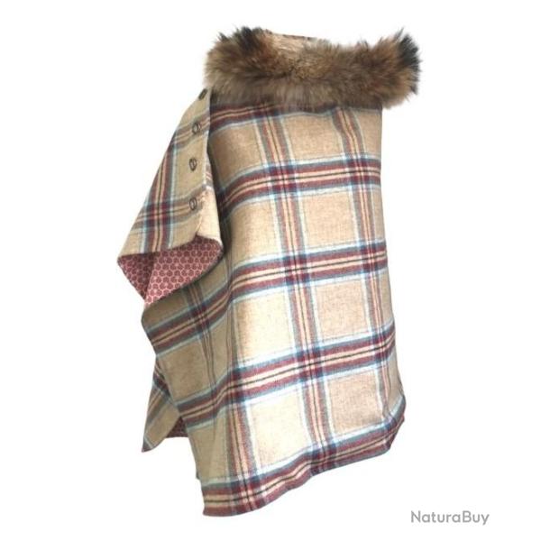 Cape Harriet - Tweed beige carreaux bordeaux et bleu 100% laine - col fourrure amovible U