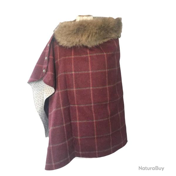 Cape Harriet - Tweed bordeaux carreaux verts & rouges 100�% laine - col fourrure amovible U