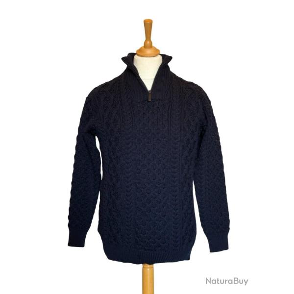 Pull tricot� zipp� bleu marine Homme 100 pure laine m�rinos tricot irlandais