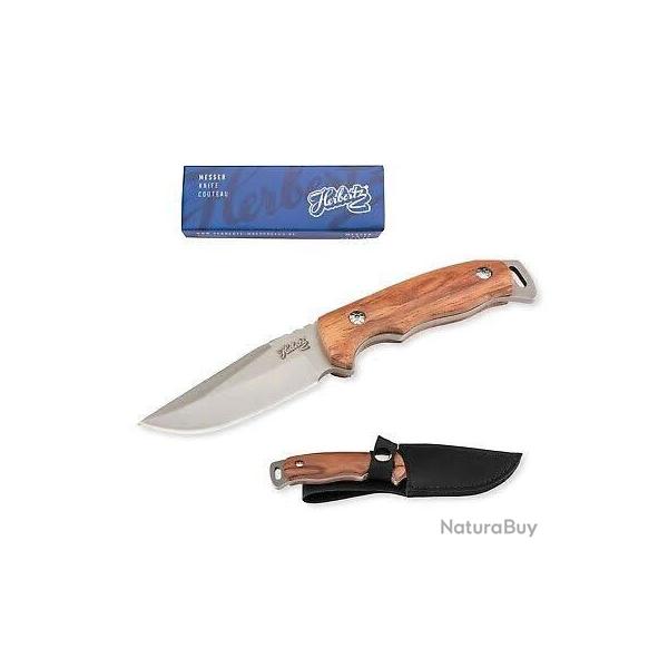 Herbertz HE55012 - Couteau � lame fixe - lame inox 9 cm, manche bois d'olivier, �tui cuir