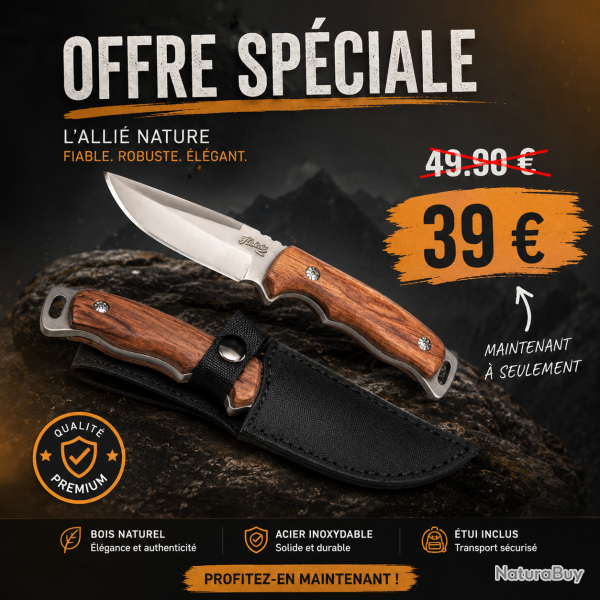 Herbertz HE55012 - Couteau � lame fixe - lame inox 9 cm, manche bois d'olivier, �tui cuir