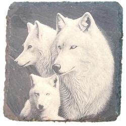 Dessous de verre carr&eacute; x4 en ardoise de 10 cm famille de loup