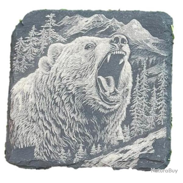 Dessous de verre carr� x6 en ardoise de 10 cm t�te d'ours