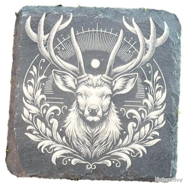 Dessous de verre carr� x8 en ardoise de 10 cm t�te de cerf couronne