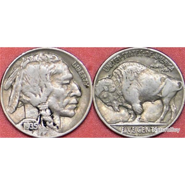 BUFFALO NICKEL pi�ce 5 cents Am�ricain 1935 intacte tr�s belle d�finition INDIEN et BISON D'Am�rique
