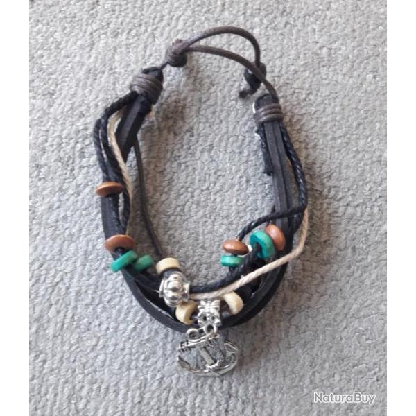 Bracelet de BIKER Chasseur Pcheur Nature Aventure cuir et perles  Rares faits main artisanat folk