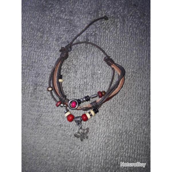 Bracelet de BIKER Rares faits main artisanat folk Chasseur Pcheur Nature Aventure cuir et perles