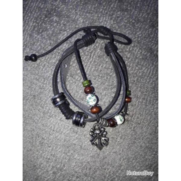 Bracelet de BIKER Rares faits main Chasse Pcheur Nature Aventure artisanat folk ART cuir et perles