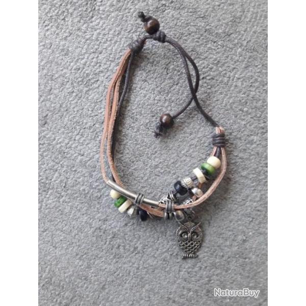 Bracelet cuir et perles folk ART Rares faits main Chasse Pcheur Nature Aventure BIKER , artisanal