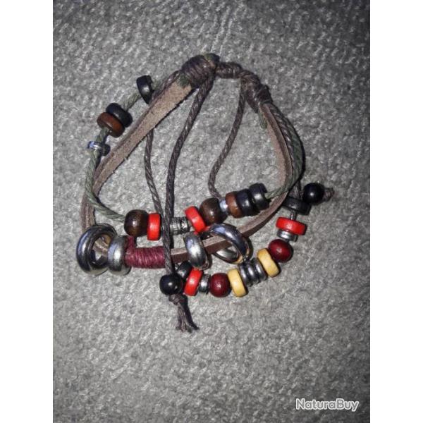 Bracelet  BIKER cuir et perles folk ART Rares faits main Chasse Pcheur Nature Aventure , artisanal