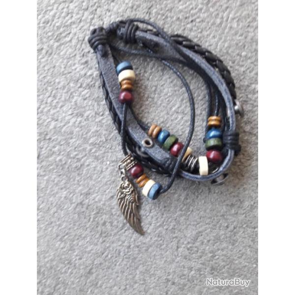 Bracelet  BIKER Chasse Pche Nature Aventure,  cuir et perles folk ART Rares faits main  , artisanal