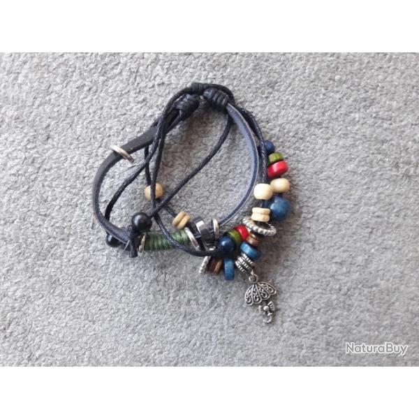 Rares faits main Bracelets  BIKER Chasse Pche Nature Aventure,  cuir et perles folk ART artisanal