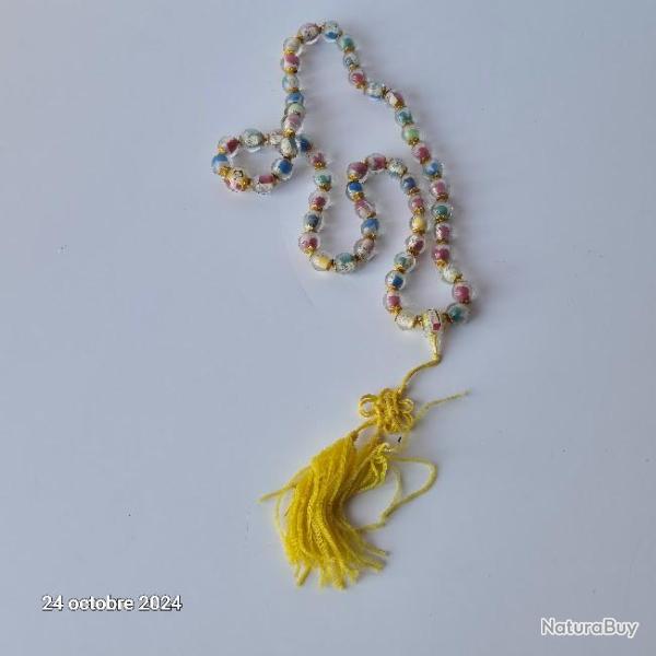 Rare, Collier Vintage Chinois Revers� Verre Peint Mini Portrait Bouddha de Pri�re, sign�