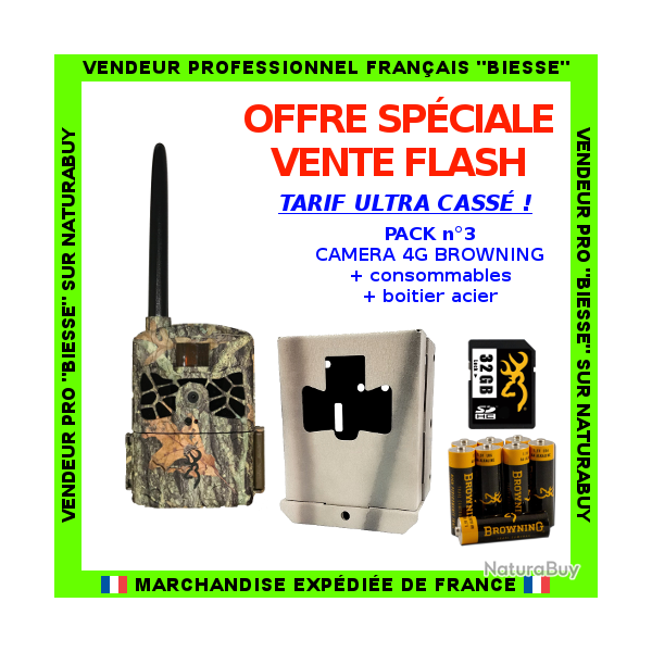 PACK n�3 : Cam�ra Browning Defender Wireless 4G + boitier antivol acier + piles + SD32go