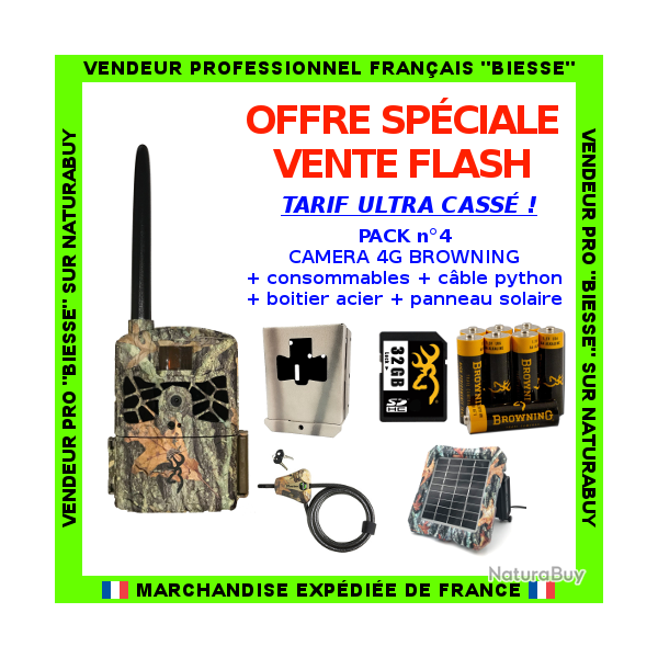 PACK n�4 : Cam�ra Browning Defender Wireless 4G + boitier c�ble piles SD et panneau solaire