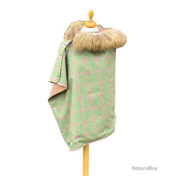 Cape Harriet - Tweed vert & rose 100�% laine - col fourrure amovible - made in France U
