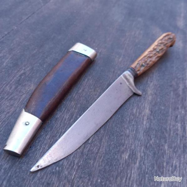 Ancien Couteau de Chasse NICKER Manche en Bois de Cerf avec �tui en cuir