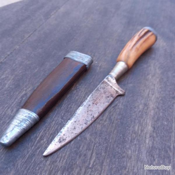 Ancien Couteau de Chasse NICKER GARANTIE SOLINGEN Manche en Bois de Cerf avec �tui en Cuir