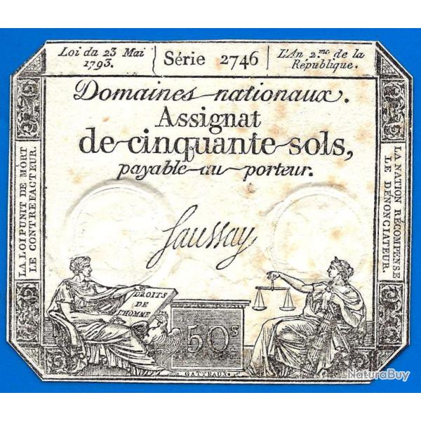 France Assignat 50 Sols 1793 Signature Saussay