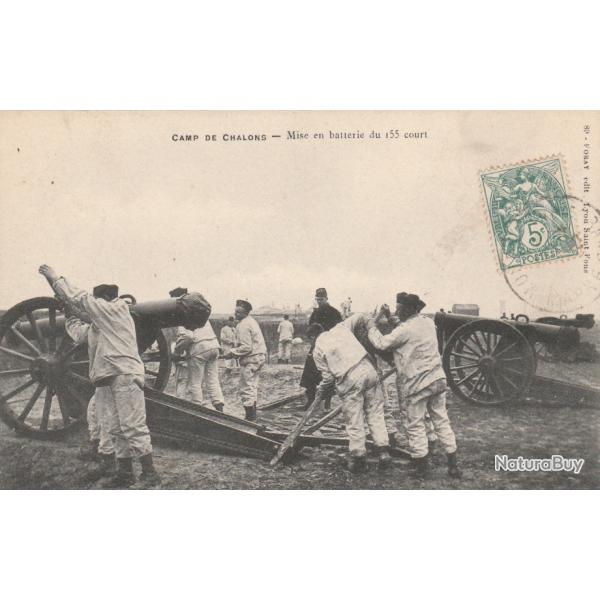 Carte Postale  Camp De Chalons- Mise en batterie  du  155 Court