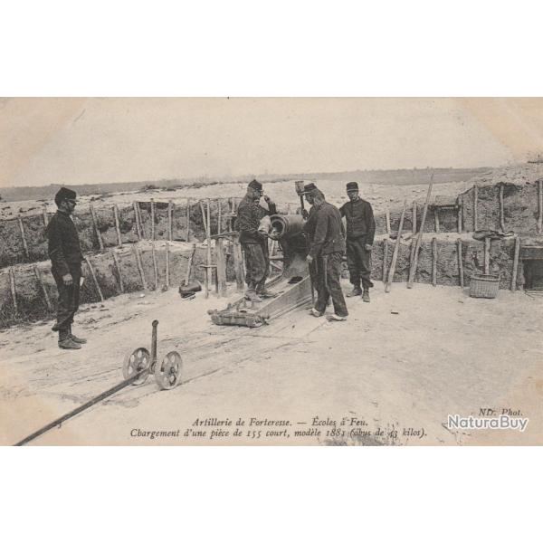 Carte Postale Artillerie Forteresse Ecoles feu Chargement dune pice 155 court 1881