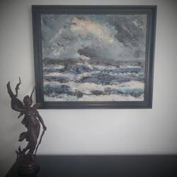 Tableau marine XX&egrave;me-Huile toile encadr&eacute;e et sign&eacute;e-Toile mer agit&eacute;e XX&egrave;me-Collection-J.A.STRINDBERG