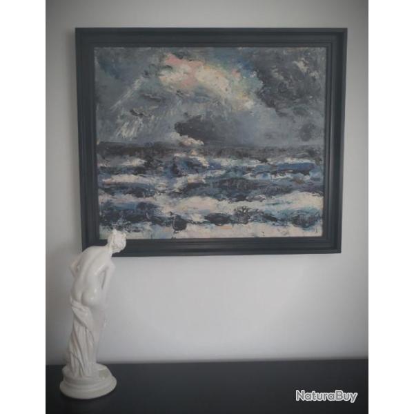 Tableau marine XX�me-Huile toile encadr�e et sign�e-Toile mer agit�e XX�me-Collection-J.A.STRINDBERG