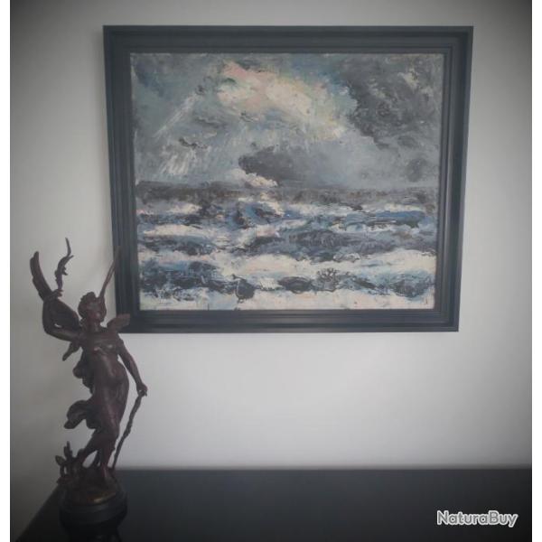 Tableau marine XX�me-Huile toile encadr�e et sign�e-Toile mer agit�e XX�me-Collection-J.A.STRINDBERG