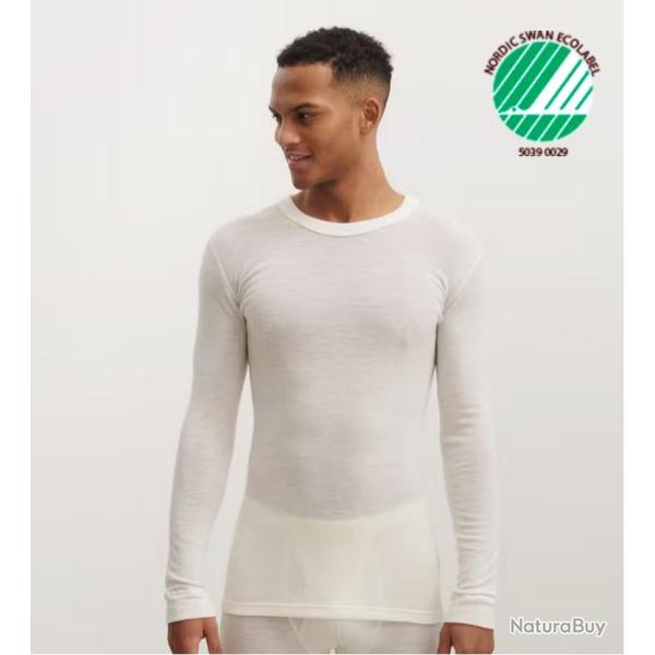 Haut homme manches longues chaud col rond pure laine m�rinos �cru, gris ou bleu blanc �cru L (large)