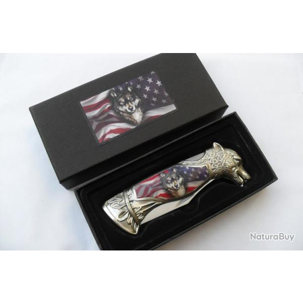 COUTEAU PLIANT L�GER "MOTIF USA" LAME ACIER 8 CM MANCHE ALU GRAV�