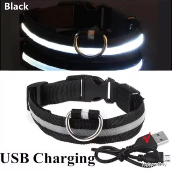 Collier Lumineux LED pour Chiens USB Rechargeable S�curit� Nocturne et Confort Optimal S 34-41 Noir