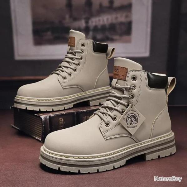 Botte montante en cuir semelle caoutchouc - Gris